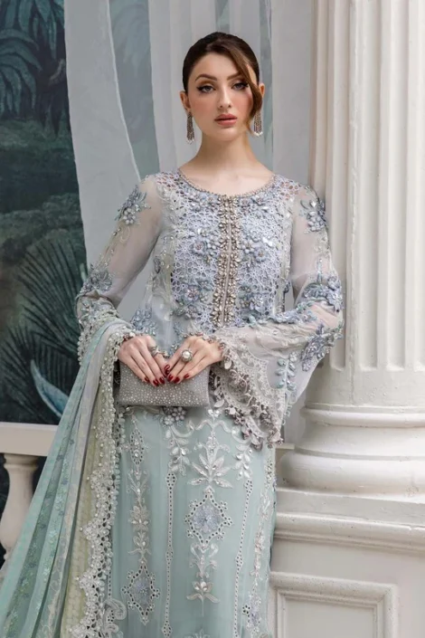 Aqua Sea Green Embroidered Chiffon 3-Piece Suit